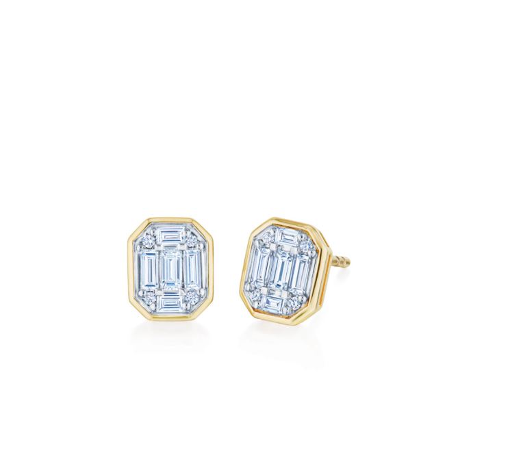 Sunburst 0.43ct Round and Straight Baguette Diamond Stud Earrings in 18K Yellow and White Gold