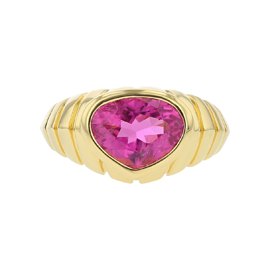 Timo 3.12ct Heart Shaped Rubellite Tapered Solitaire Ring in 18K Yellow Gold, size 7