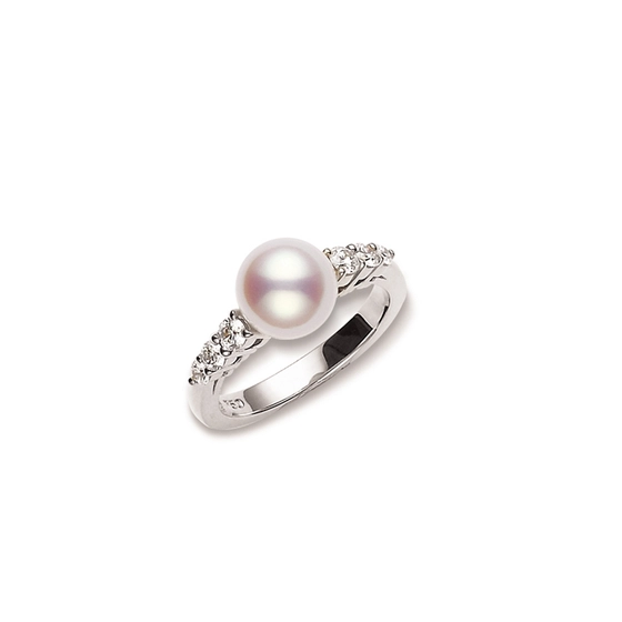 Morning Dew 8mm Akoya Pearl and 0.31ct Diamond Ring in 18K White Gold, size 8