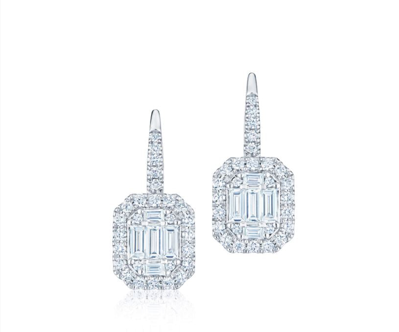Sunburst 0.87ct Diamond Emerald Cut Halo Drop Earrings in 18K White Gold