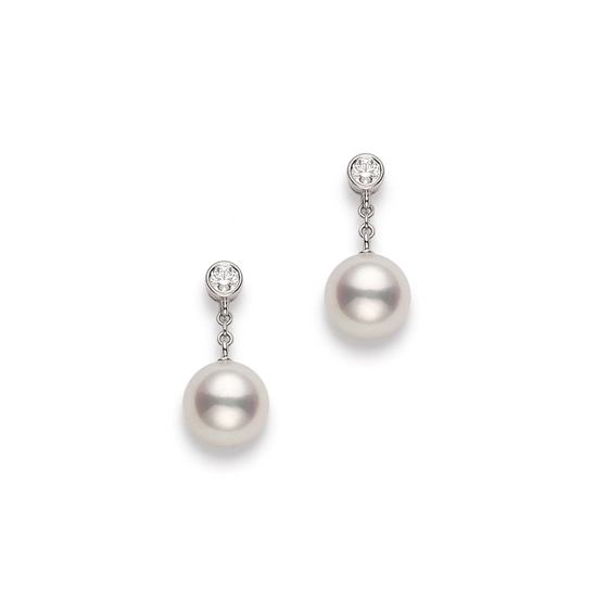 Classic Akoya Pearl and Diamond Bezel Drop Earrings in 18K White Gold