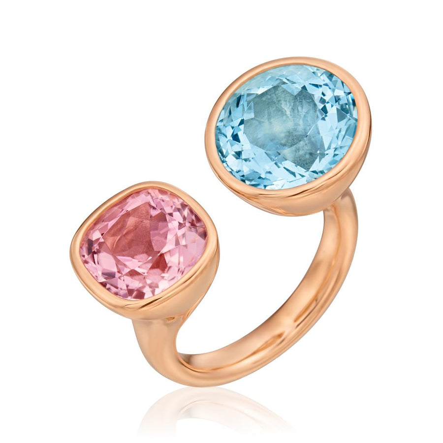 Spectrum 7.20ct Round Aquamarine and 4.49ct Cushion Pink Tourmaline Ring in 18K Rose Gold, size 7