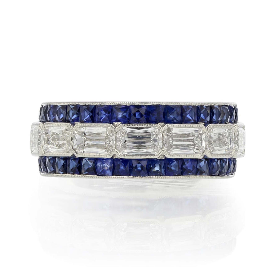 Diamond and Sapphire Half Circle Wedding Ring in 18K White Gold, Size 6