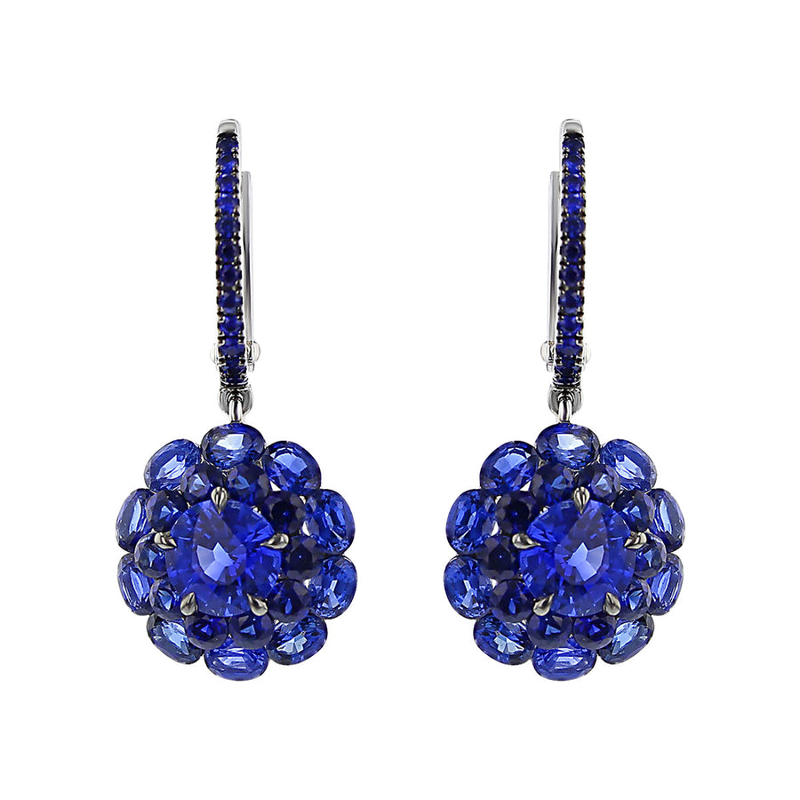 18K White Gold Sapphire Halo Cluster Drop Earrings