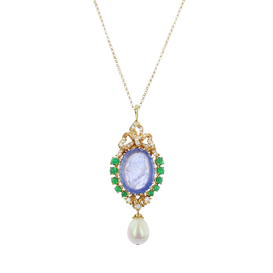 Carved Sapphire, Diamond, Emerald, and Pearl Pendant