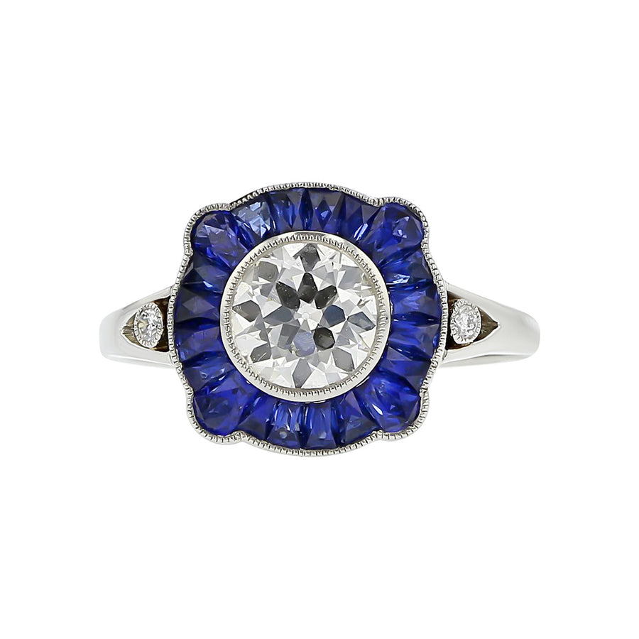 Old European-cut Diamond and Sapphire Halo Ring
