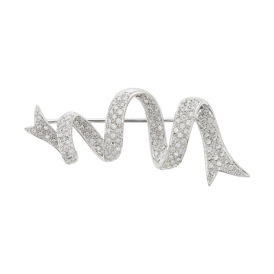 14K White Gold Diamond Ribbon Pin