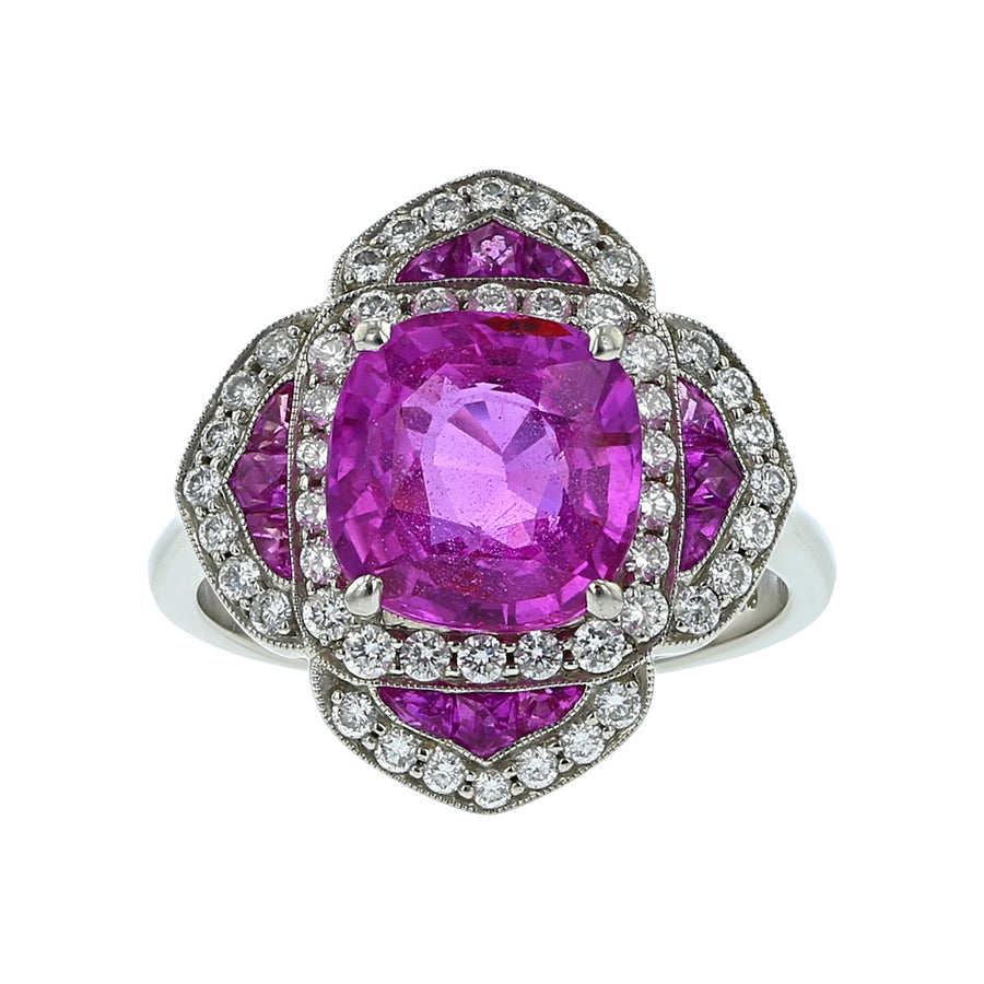 Platinum Cushion Pink Sapphire and Diamond Ring