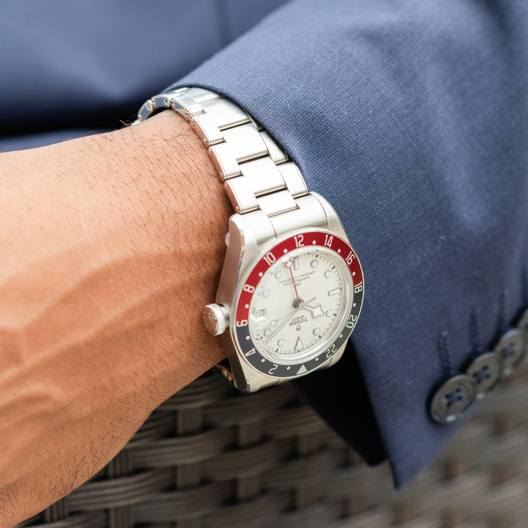 tudor black bay gmt on a male's wrist