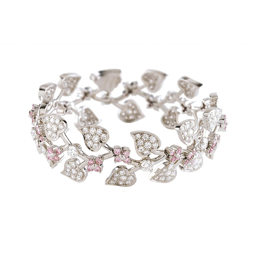 Leaf Round Pink Diamond and Full Cut Diamond Bracelet in Platinum