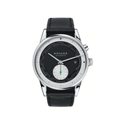 Nomos watch with black leather strap and black dial on a white background