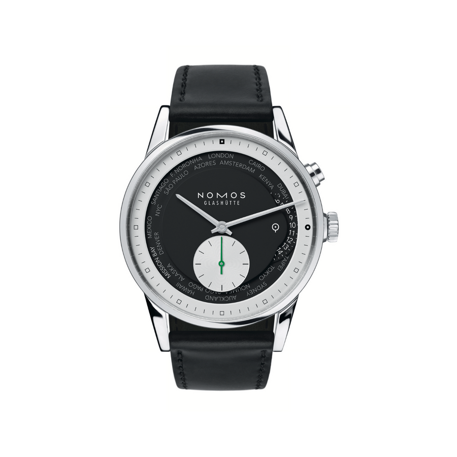Nomos watch with black leather strap and black dial on a white background