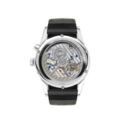 Watch with black strap and visible mechanical components on a white background