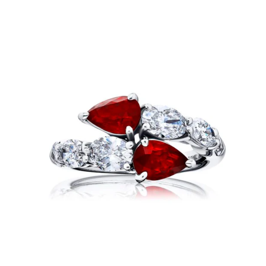 2.06ct Pear Shape Ruby and 1.95ct Diamond Bypass Ring in Platinum
