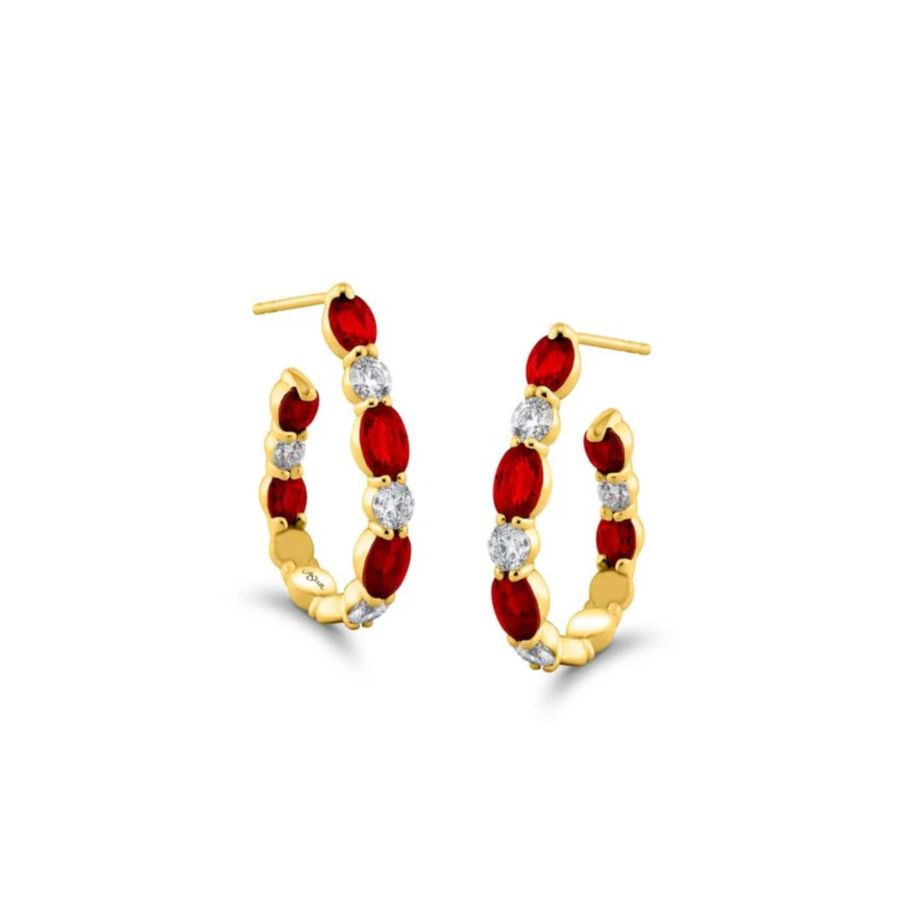 4.62ct Oval Ruby and 1.30ct Round Diamond Hoop Earrings in 18K Yellow Gold
