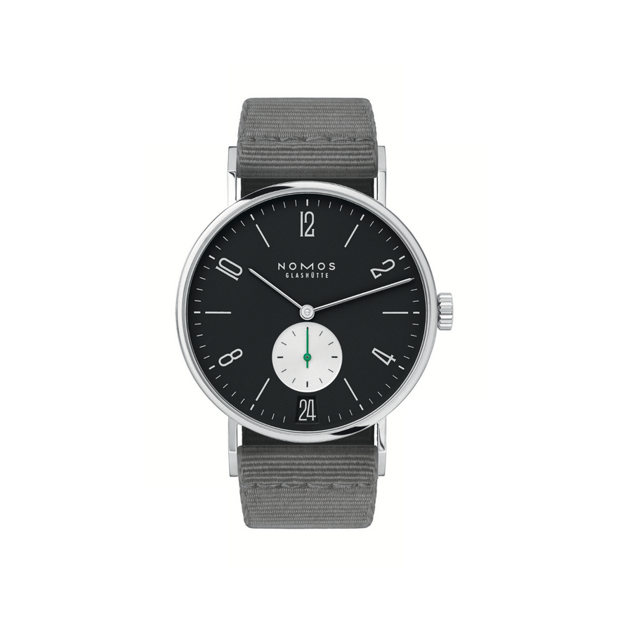 Wristwatch with black dial and gray strap on a white background