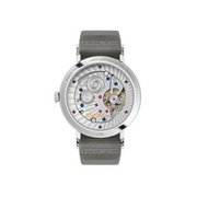 Watch with visible mechanical components on a white background