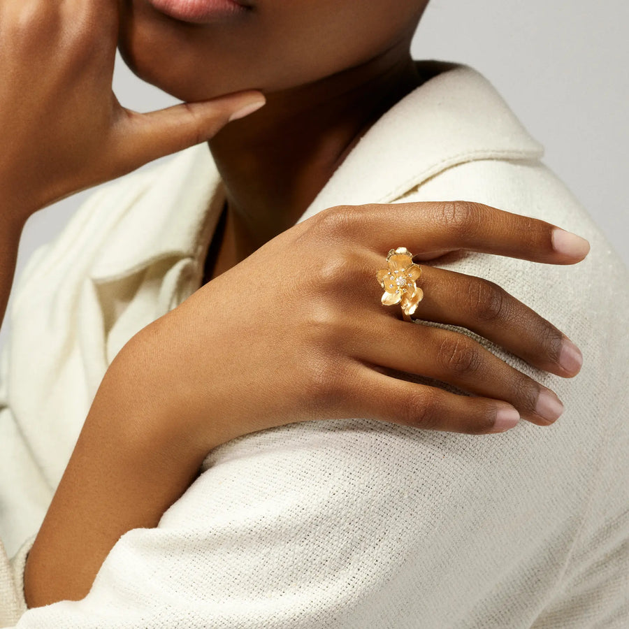 Wild Rose 0.07ct Diamond Flower Ring in 18K Yellow Gold, Size 6