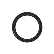Black circular object with text on a white background