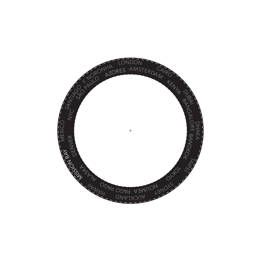 Black circular object with text on a white background