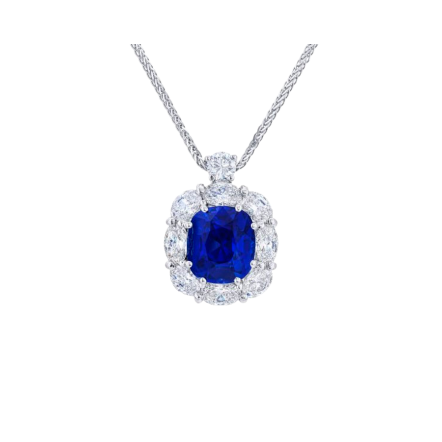 Signature 5.09ct Cushion Cut Sapphire and 2.44ct Oval and Round Diamond Halo Pendant in Platinum, without chain