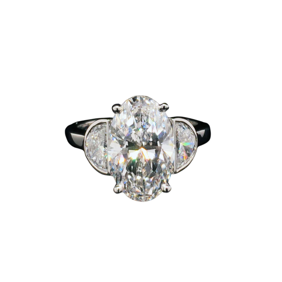 Oval Diamond and Half Moon Shape Diamond 3-Stone Ring In Platinum, Size 6.5