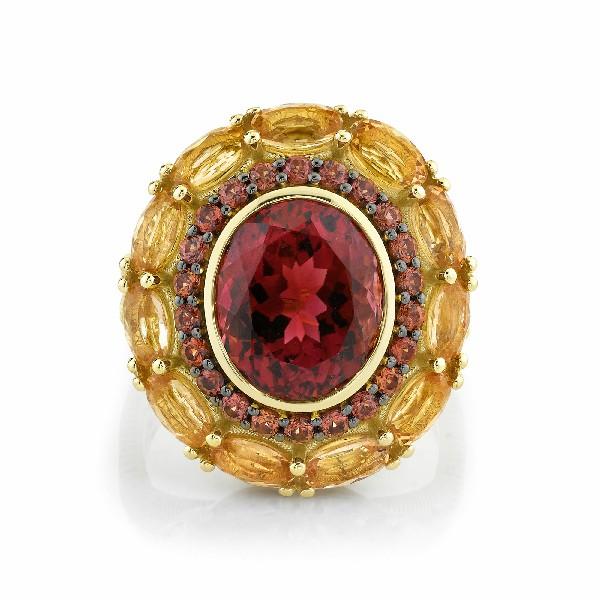 4.82ct Oval Pink Tourmaline, 2.69ct Imperial Topaz and 0.62ct Copper Sapphire Halo Ring in 18K Yellow Gold, size 6.5