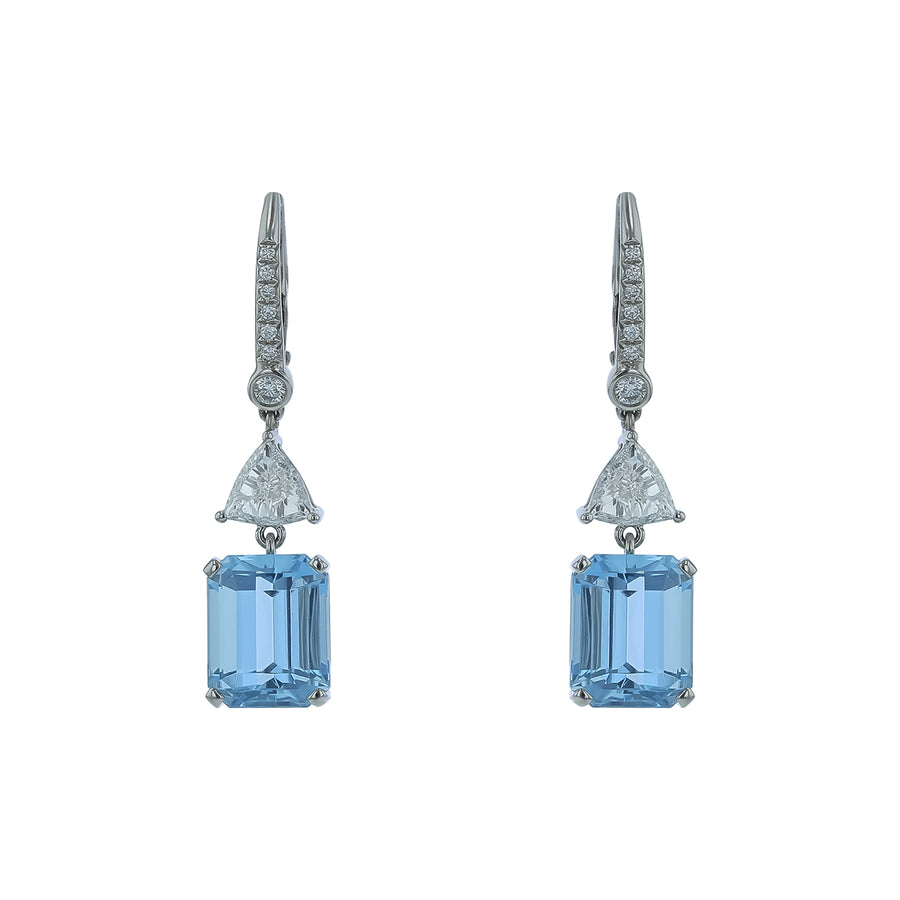 7.24ct Emerald Cut Aquamarine and 0.97ct Diamond Drop Earrings in Platinum