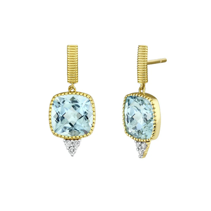 7.43ct Cushion Cut Sky Blue Topaz and 0.09ct Round Diamond G/SI Drop Earrings in 18K Yellow Gold