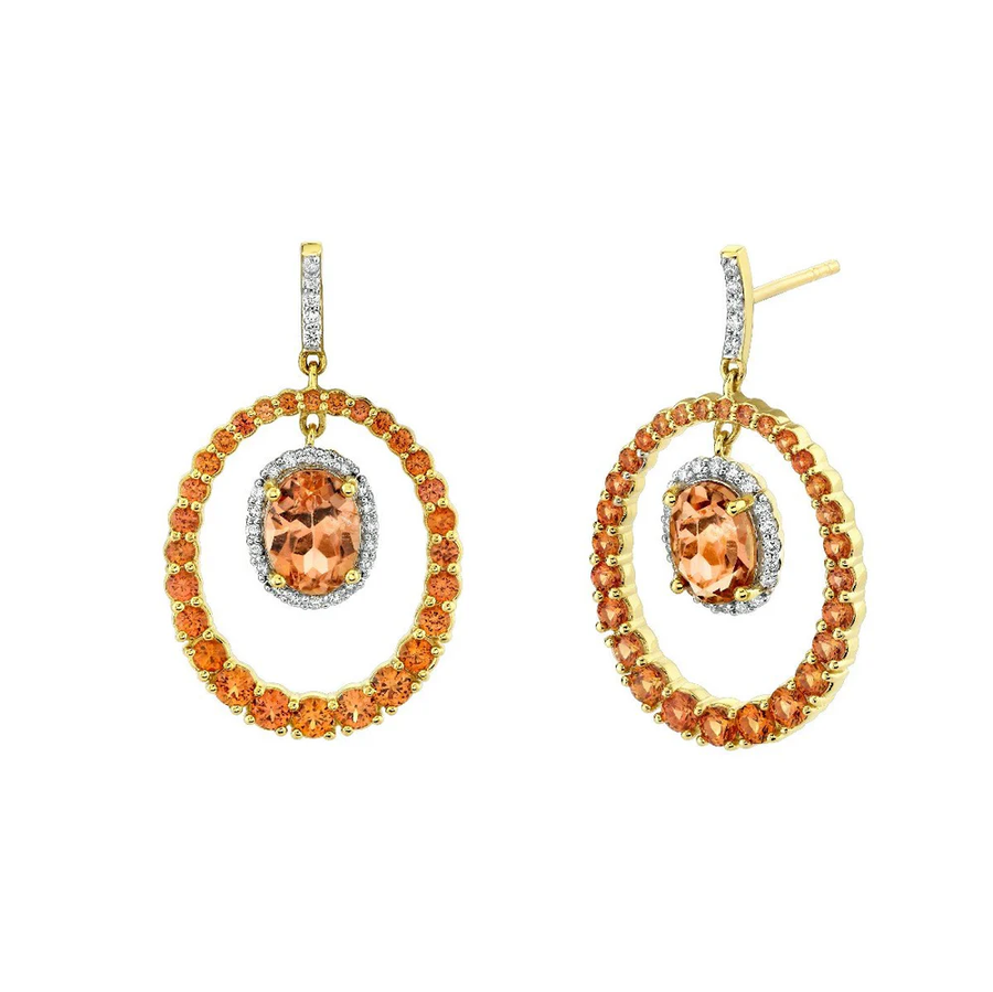 2.63ct Oval Tourmaline, 2.29ct Orange Sapphire and 0.25ct Diamond Halo Drop Earrings in 18K Yellow Gold