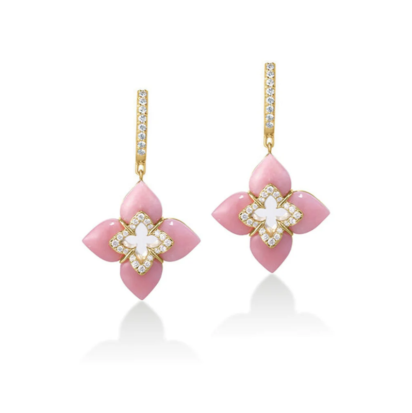 Venetian Princess 11.30ct Pink Opal and 0.30ct Diamond Flower Drop Earrings in 18K Yellow Gold
