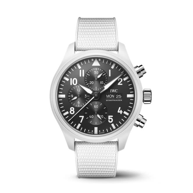 44.5mm Pilots Chronograph "Lake Tahoe" Edition Watch with Black Dial in White Ceramic, Strap
