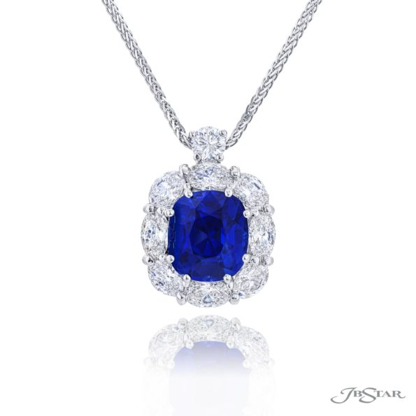 Signature 5.09ct Cushion Cut Sapphire and 2.44ct Oval and Round Diamond Halo Pendant in Platinum, without chain