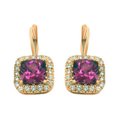 4.02ct Cushion Rhodolite Garnet and 0.43ct Diamond Halo Leverback Drop Earrings in 20K Rose Gold