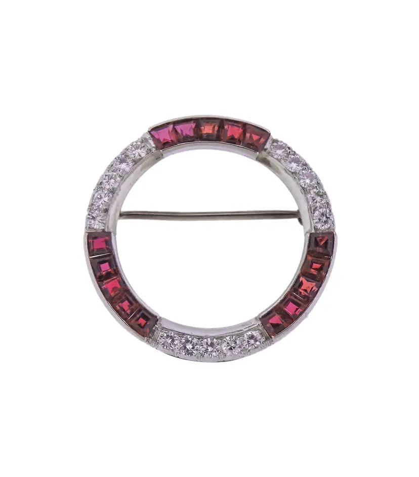 1.62ct Princess Cut Ruby (Heated) and 0.74ct Diamond Circle Pin in Platinum