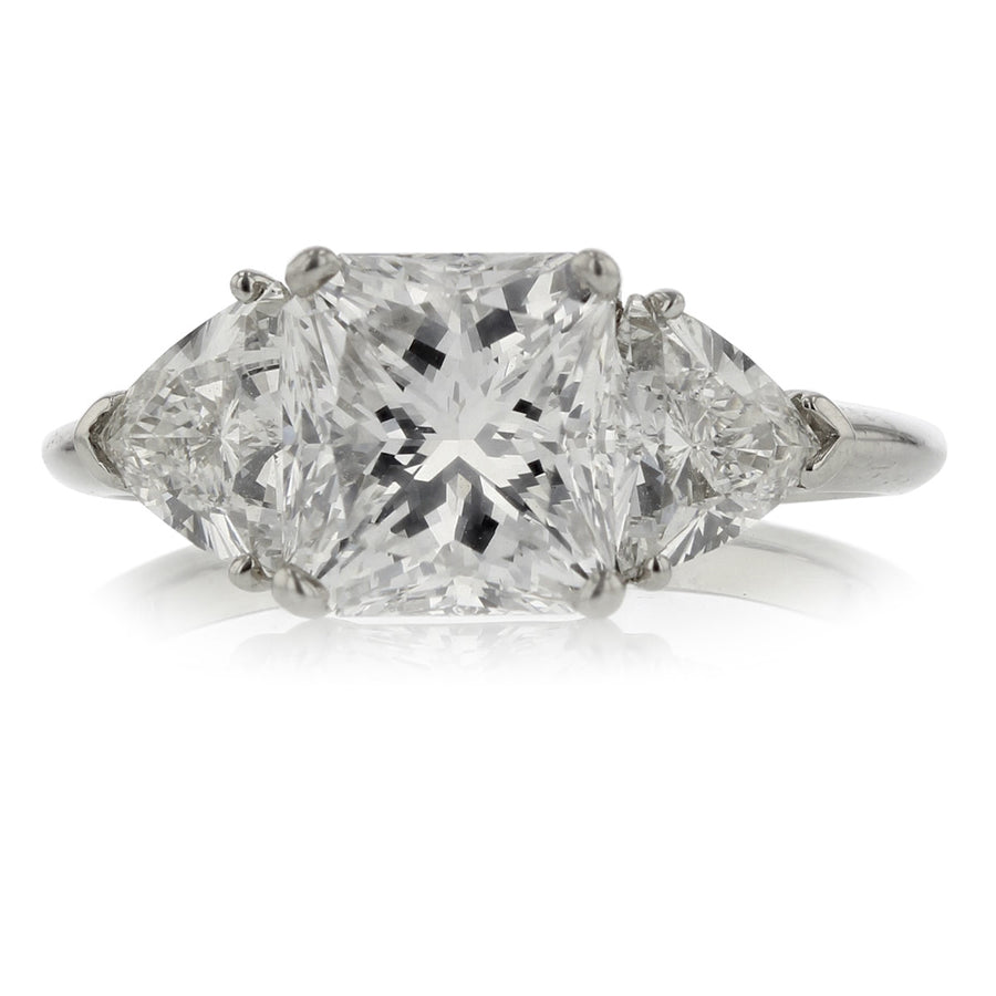 2.40ct Radiant Cut Diamond and 1.13ct Trillion Diamond 3 Stone Ring in Platinum, Size 6.5