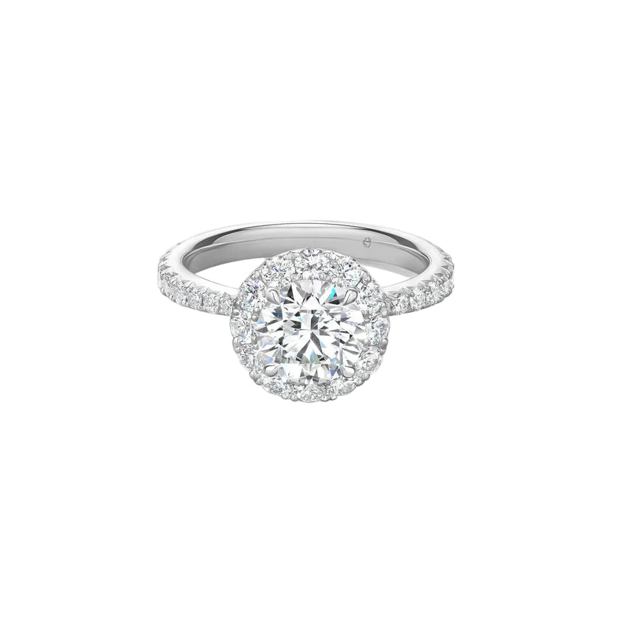Vela 1.214ct Round Brilliant Diamond and 0.78ct Diamond Halo Ring in Platinum, size 6.5