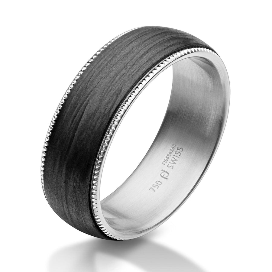 Milgrain Edge Wedding Band in 18K White Gold and Carbon Fiber