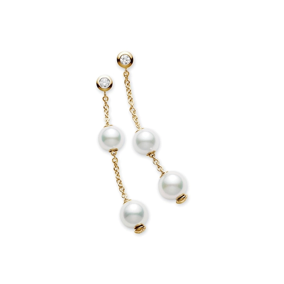 Pearls in Motion 0.14ct Diamond and Akoya 7x7.5mm Pearl Drop Earrings in 18K Yellow Gold