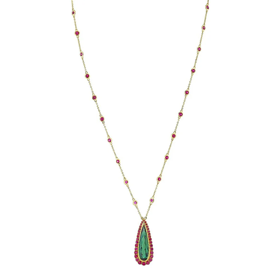 3.80ct Pear Shape Green Tourmaline and 3.22ct Pink Sapphire Halo Necklace in 18K Yellow Gold, 16-18"