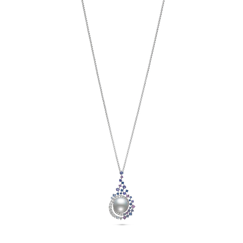 2.45ct Sapphire, Diamond, and White South Sea Cultured Pearl A+ Pendant in 18K White Gold, 28" chain