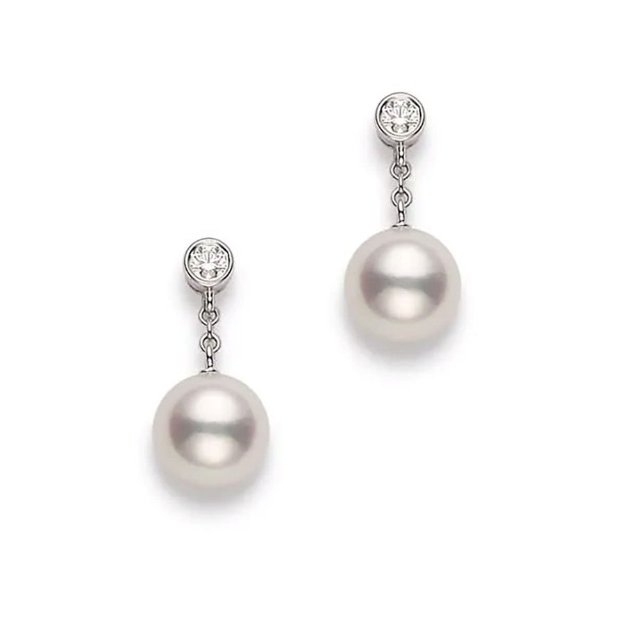 Classic 8-8.5mm Akoya Pearl and 0.16ct Diamond Bezel Drop Earrings in 18K White Gold