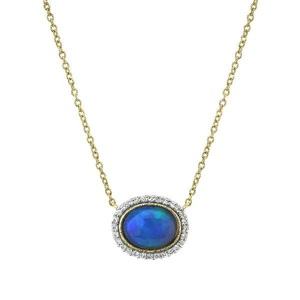 1.24ct Ethiopian Opal and 0.14ct Diamond Halo Necklace in 18K Yellow Gold, 16-18"