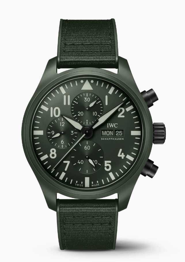 44.5 Pilot's Chronograph Top Gun Edition "Woodland" Watch with Green Dial in Ceramic, Strap