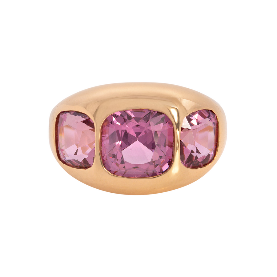 6.77ct Cushion Cut Pink Spinel 3 Stone Ring in 20K Rose Gold, size 6.5