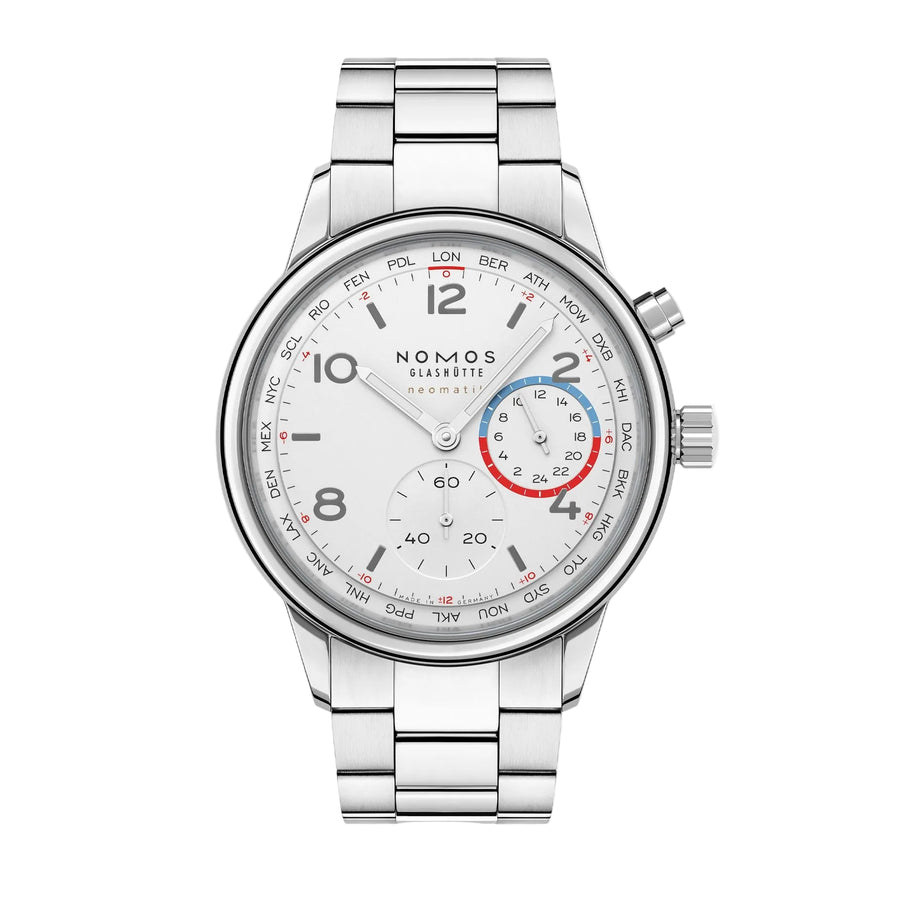 40mm Club Sport Neomatik Worldtimer Watch with White Dial in Stainless Steel, Bracelet