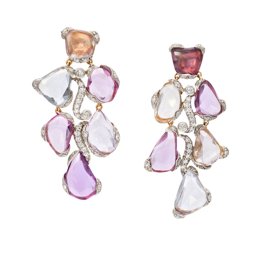 31.87ct Rose Cut Sapphire and 1.02ct Diamond Multicolor Drop Earrings in Platinum with 18K Rose Gold