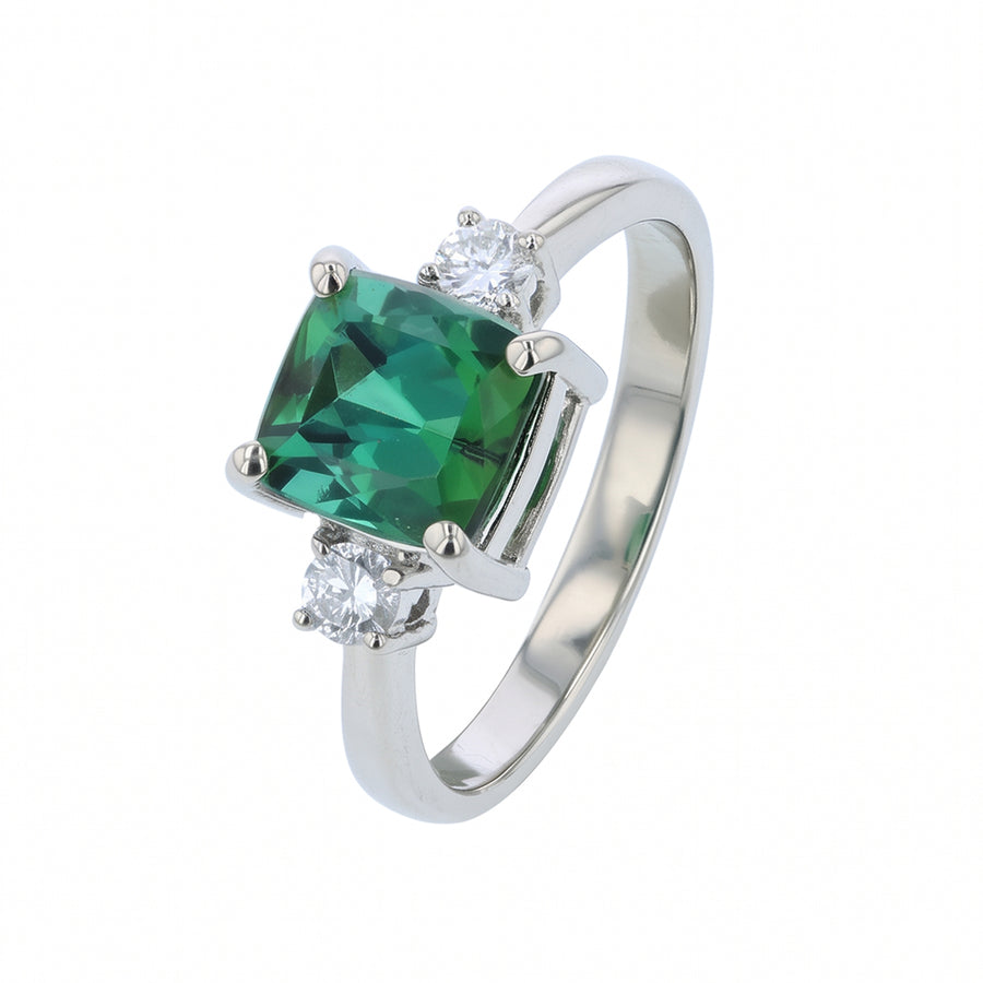 2.32ct Green Tourmaline and 0.18ct Diamond Three Stone Ring in 14K White Gold, size 6.25
