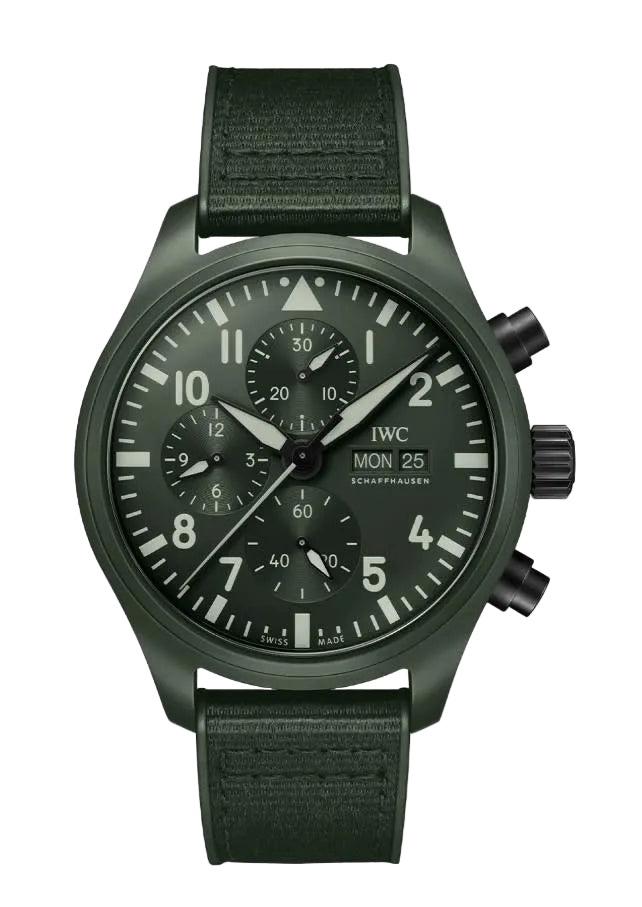 44.5 Pilot's Chronograph Top Gun Edition "Woodland" Watch with Green Dial in Ceramic, Strap
