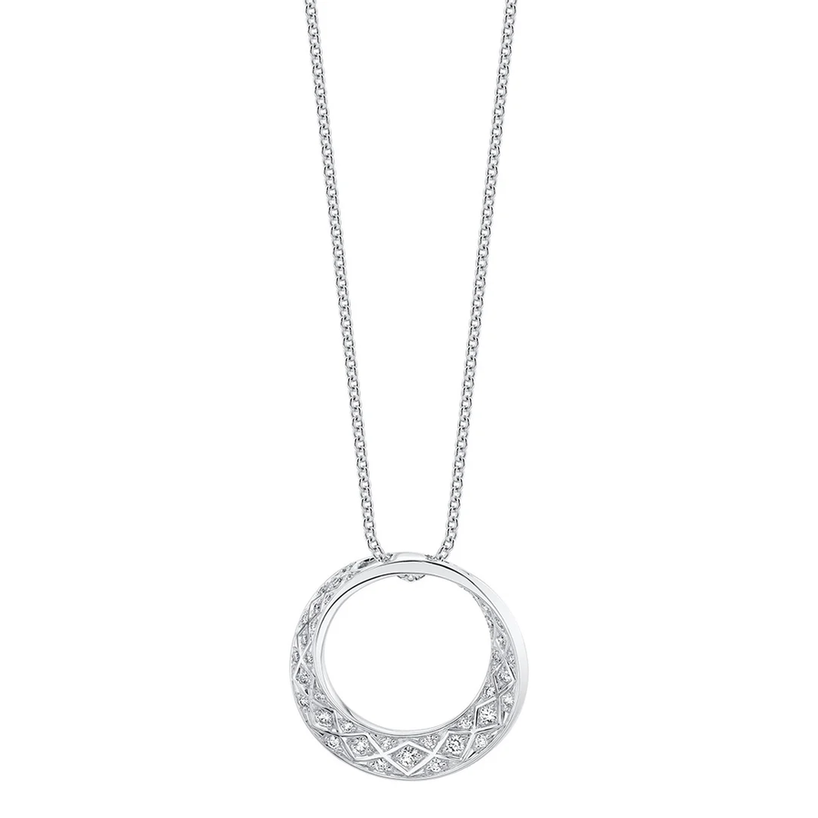 Criss Cross 0.30ct Diamond Pave Artisan Circle Pendant in 18K White Gold on 18in chain